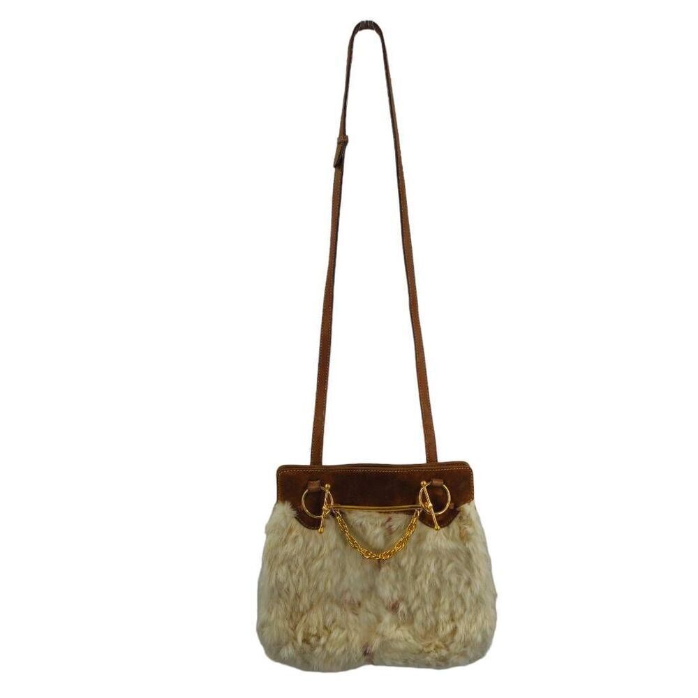 Rare Vintage Gucci Tan Suede & Cream Fur Bag with 24kt Gold Horsebit Hardware